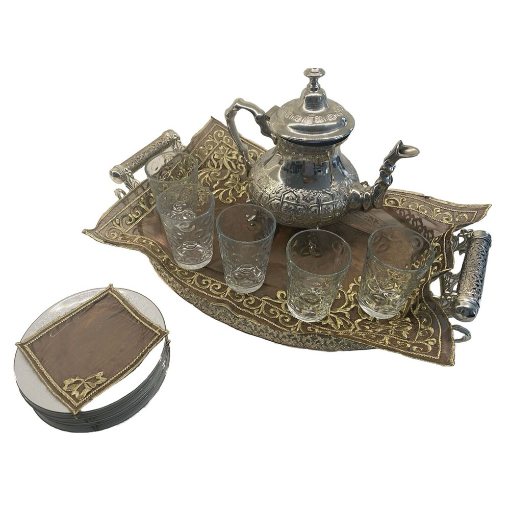 Moroccan embroidered organza Rectangle tray Cloth With Reusable napkins 9pcs USA